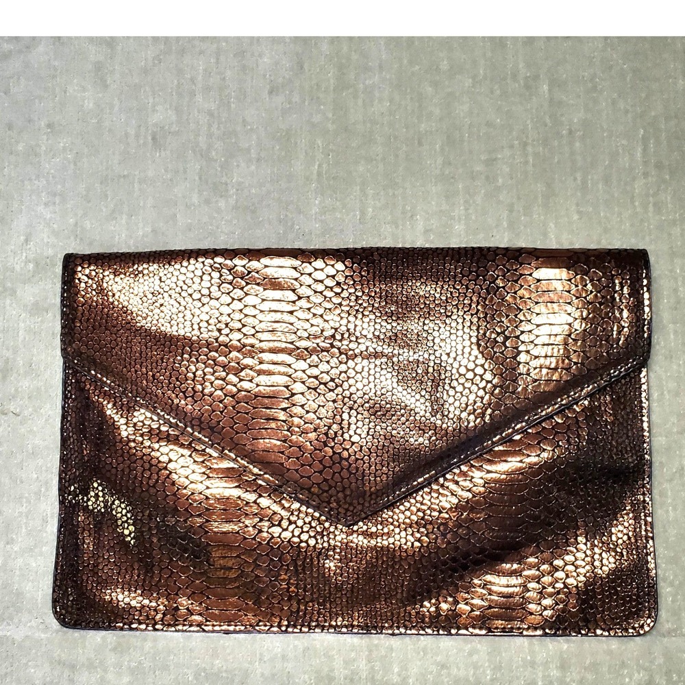 Moda Luxe Bronze Metallic Snakeskin Embossed Leather Envelope Clutch Bag